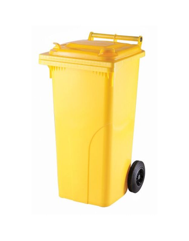 Geltonas 120 litrų konteineris buitinėms atliekoms
